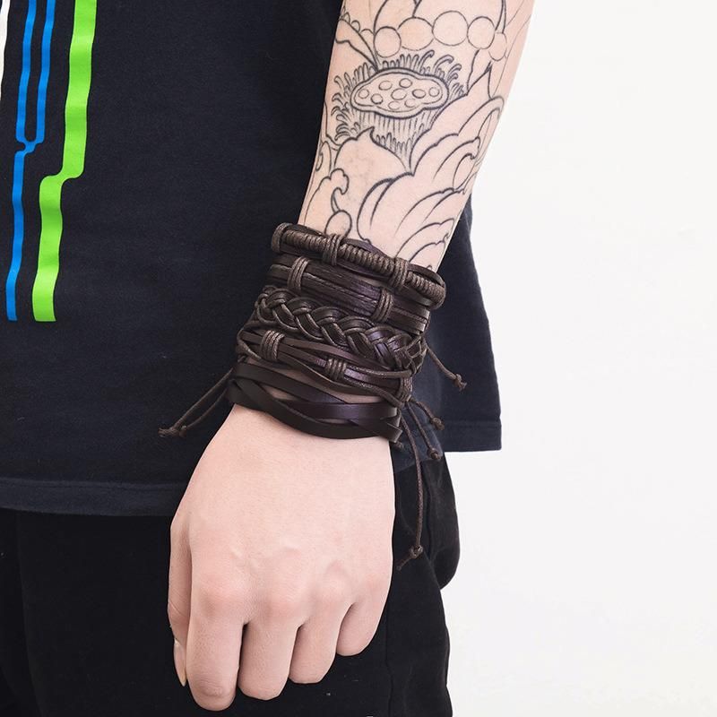 4 Piece Leather Cuff Bracelet for Men and Women Punk Rock Braided Bracelet Via Brown Black Wristband Handmade Bracelet