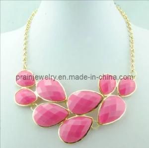 Spring Fashion Zinc Alloy Jewelry /Plated with Gold Embedded with Pink Resin Water Drop Heart Round Shape Necklace Girlfriend Gift (PN-120)