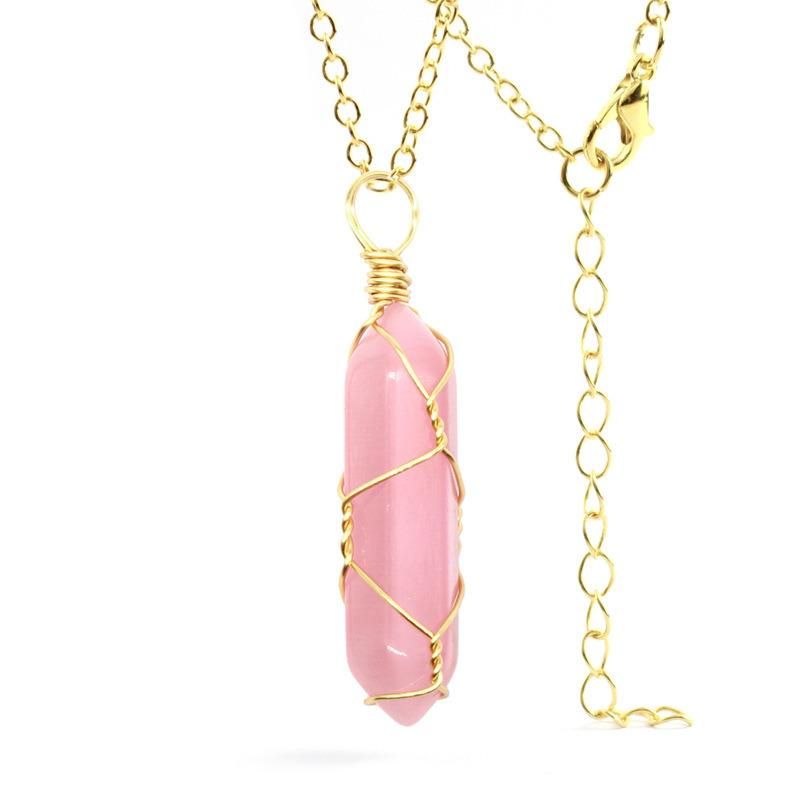 Amazon Wish Explosion Models Hexagonal Column Crystal Handmade Natural Stone Bullet Pendant Rose Quartz Necklace