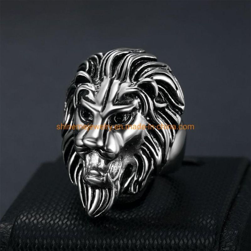 Hot Selling 316 Stainless Steel Hip Hop Lion Head Hand Polished Vacuum Gold Plated Men′ S Ring Sgmr2622