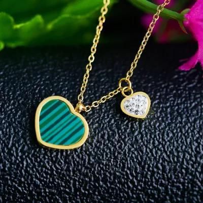 Stainless Steel Jewelry Factory Custom Wholesale Source Inlaid Heart-Shaped White Diamond Hot-Selling Malachite Necklace