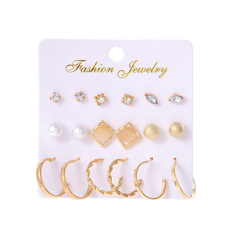 Manufacture Basic Classic 9 Pairs Stud Earring and Hoop Earring with Crystal Glass Studs Round Ccb Pearl Twisted Textured Hoop Earring for Women