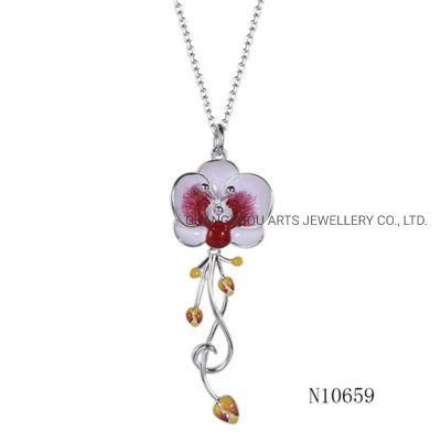 Enamel Flower and Pistil Silver Pendant Necklace