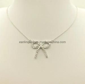 Ribbon Bow Stud Cubic Zirconia Pendant Necklace Women Fashion Jewelry