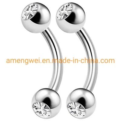 316L Surgical Stainless Steel Jewelry Body Piercing Eyebrow Ring Two Crystals