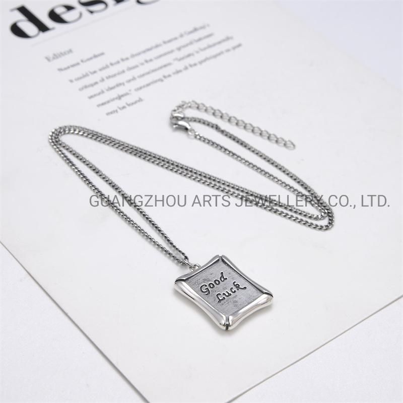 925 Sterling Silver Carved Good Luck Geometric Pendant Hip Hop Necklace