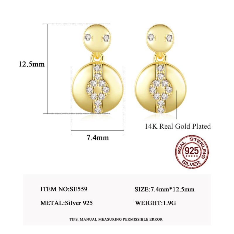 Noble Round CZ 14K Gold Plated S925 Silver Ear Stud Earrings