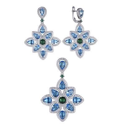 925 Silver Luxury Glass Flower Earring and Pendant Fashion Jewelry Sets for Wedding