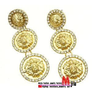 Fashion Huge Big Rihanna Urban Gold Tone Rhinestone Lion Head Dangle Hip Hop Earrings (MHDDZ3320)