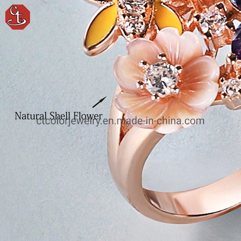 Sell like hot cakes rose rhodium 925 silve jewelry mop fiower ring