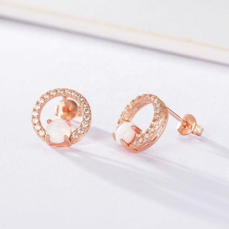 Factory Supply All-Match High-End Brass Simple Fashion Round Opal Zircon Elegant Stud Earrings