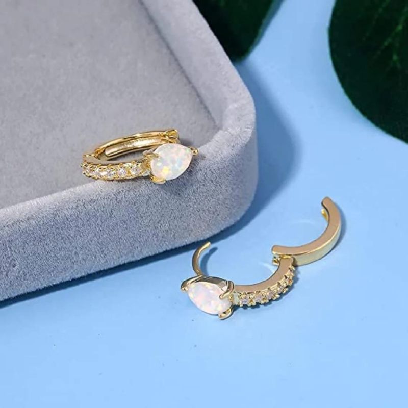 Trendy Jewelry Natural Stones Big Opal and Tiny Diamond Hoop Earrings with 14K Yellow Gold Plated