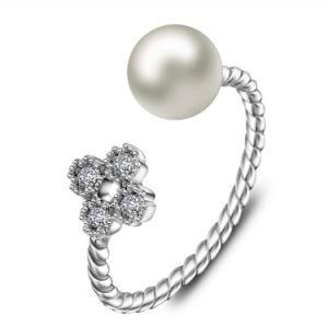 Elegant New 925 Sterling Silver Lucky Leaf &amp; Pearl Open Ring