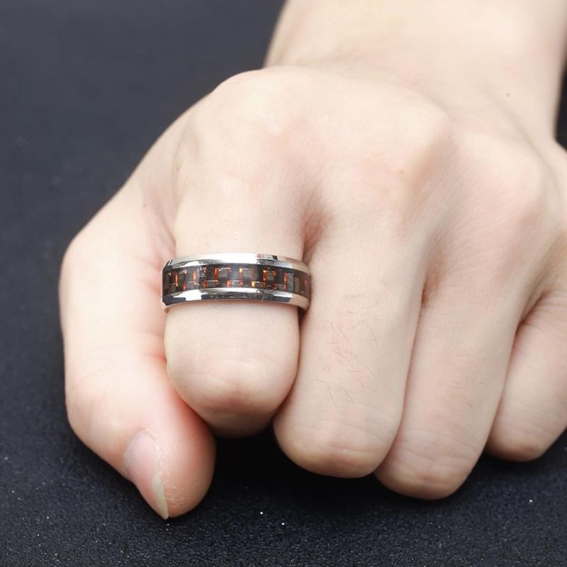 Red Black Carbon Fiber Silver Dragon Inlay Fits Comfortably in a Stainless Steel Ring for a Man′s Wedding Ring
