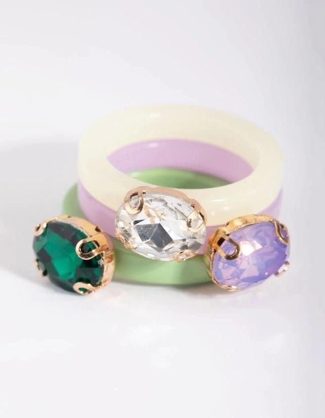 Pastel Gemstone Green Diamante Multiple Coloured Acrylic Ring Pack