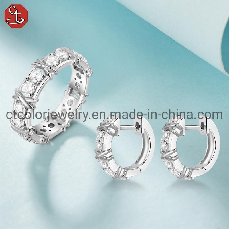 925 Sterling Silver 18K Gold Plated Cubic Zirconia Hoops Earring Ring Fashion Jewelry Set