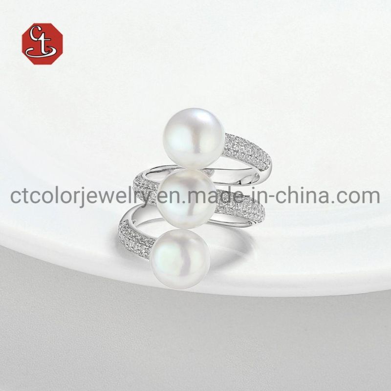 Spiral Adjustable Silver Ring with Natural Pearl Hot Selling Silver Ring Inlaid Cubic Zircon