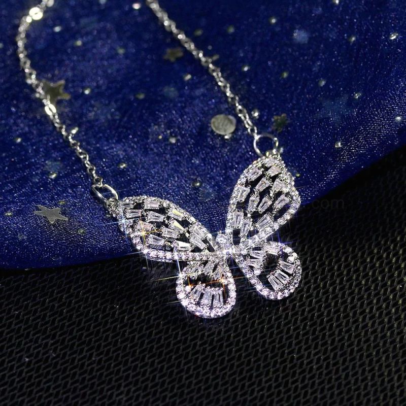 Dainty Gold Chain Rhinestone Silver Crystal Butterfly Necklace for Women