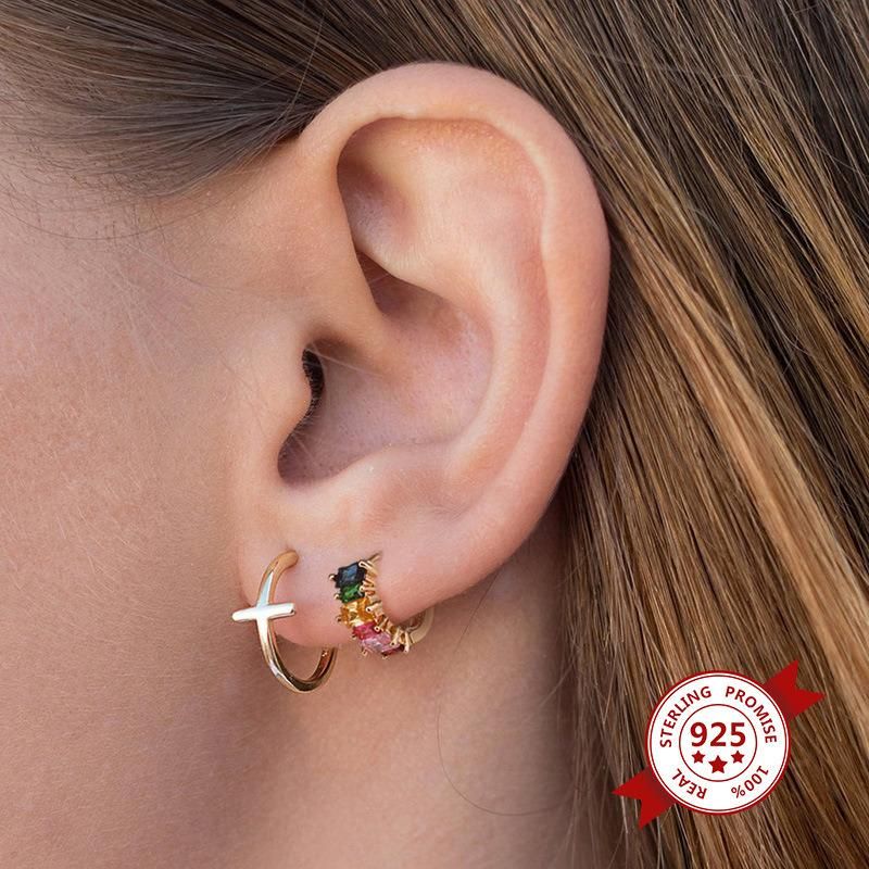 S925 Silver Stud with Diamond Stud Inlaid with Colored Zircon Clasp Earrings