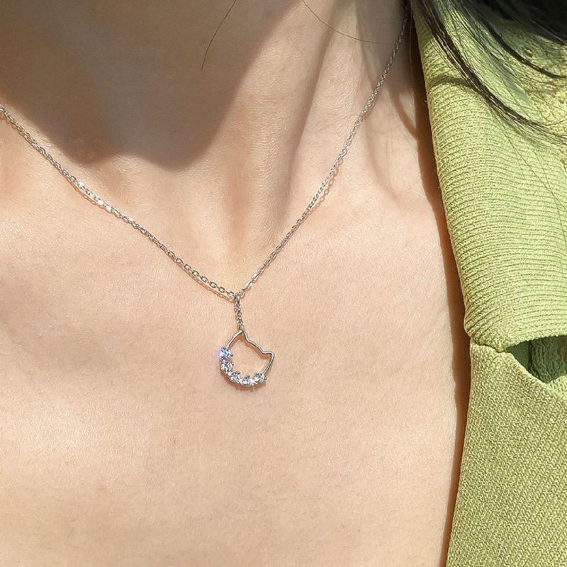 925 Sterling Silver 14K 18K Gold Plated Cute Cat Crystal Pendant Clavicle Chain Necklace Women Fashion Jewelry Gift