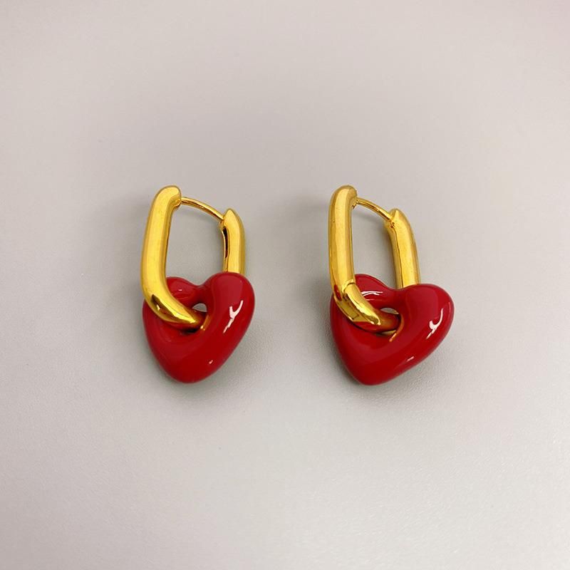 Gold U-Shaped Earrings with Enamel Glazed Peach Heart Earring