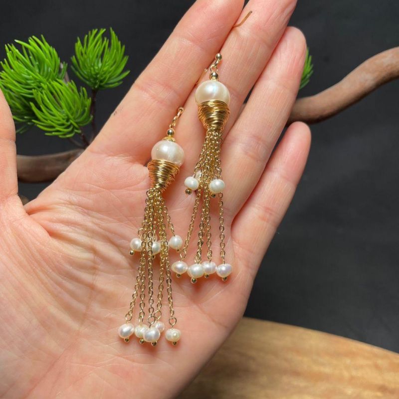 Fashion Jewelry Stone 14K Gold Lone Natural Pearl Tassel Pendant Hoop Earrings