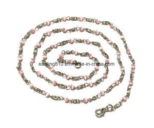 Handmade Metal Chain Link with Pink Cat&prime;s Eye Stone Beads Necklace
