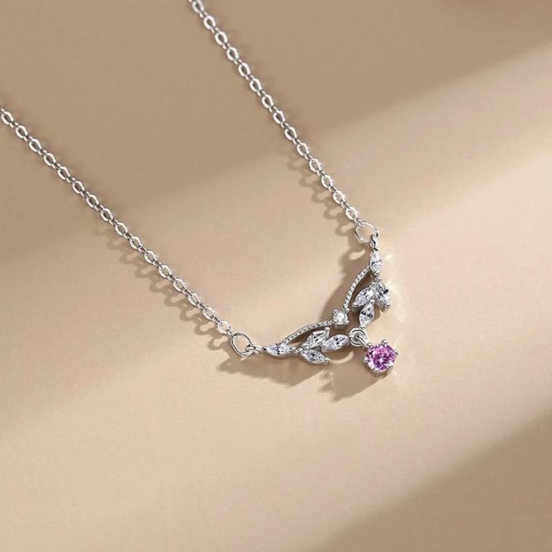 Romantic Light Luxury Pink Zirconium 925 Sterling Silver Necklace Female Diamond Leaf Pendant Necklace