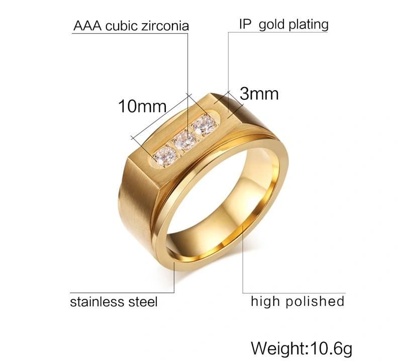 Wedding Three Zircon Rings in IP Gold Plating Color for Men