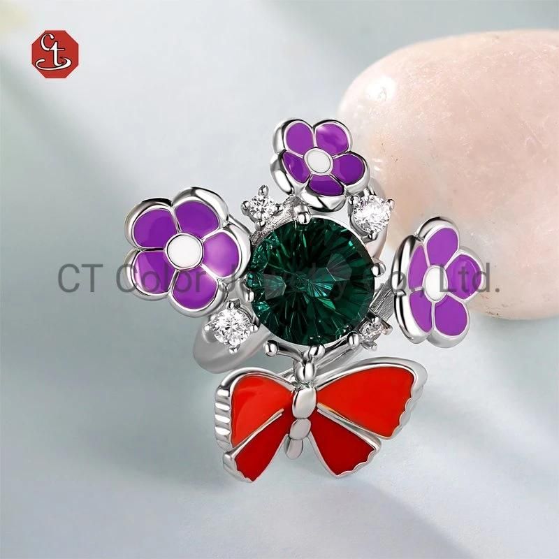 Fashion 925 Silver Jewelry Butterfly Flower Shape Enamel Pale Yellow Glass Stone Ring