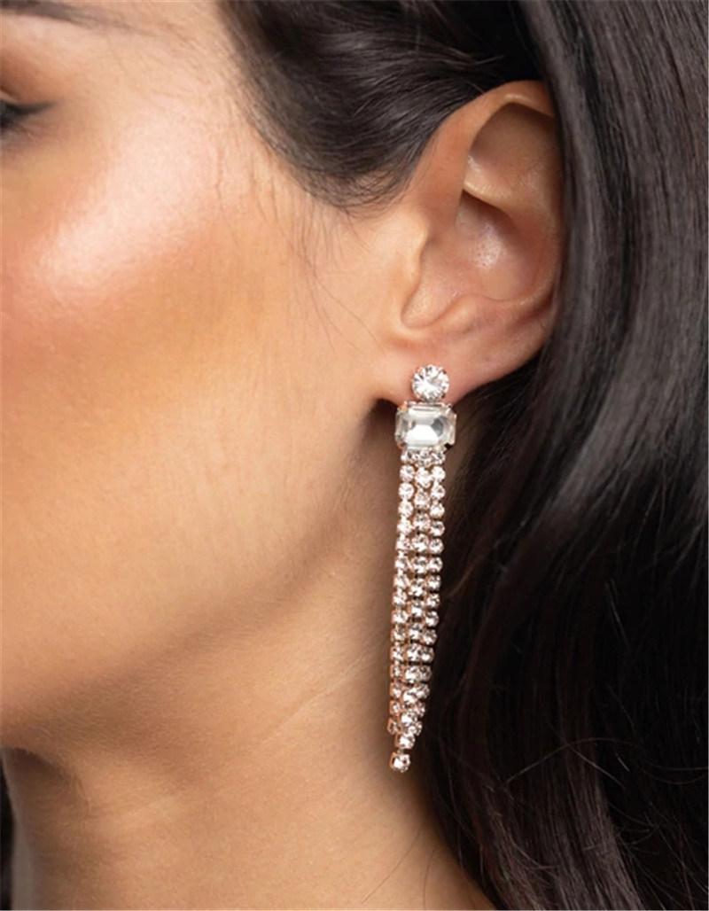 Rose Gold Barette Diamante Drop Earrings for Women Fashion Jewelry