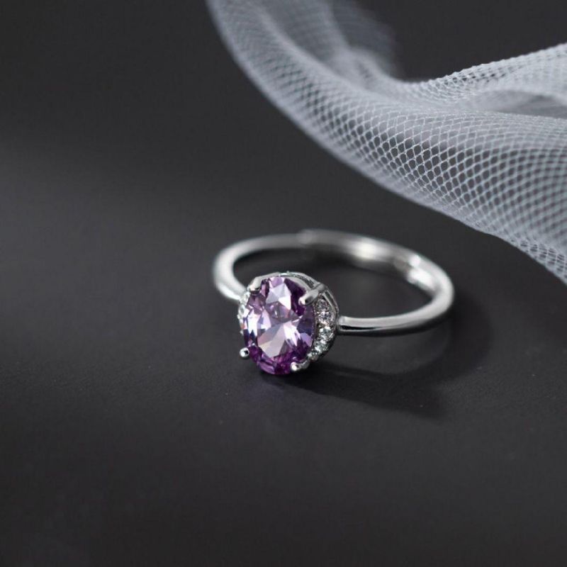 925 Sterling Silver Ring 7mm Purple AAA Zircon Adjustable Ring for Women Wedding Engagement Fine Jewelry