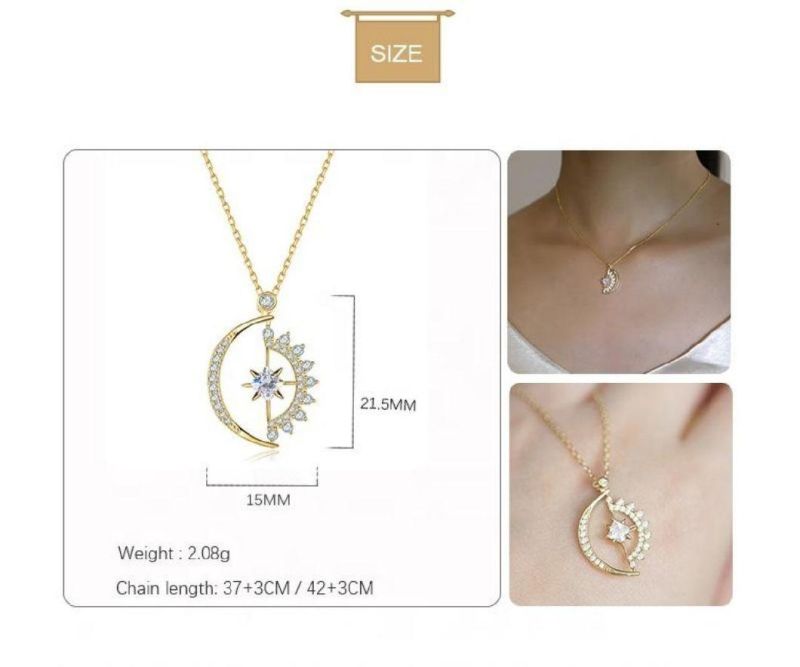 925 Sterling Silver 14K Gold Plated Shiny Zircon Moon Pendant Necklace Women Wedding Fashion Party Jewelry Gift