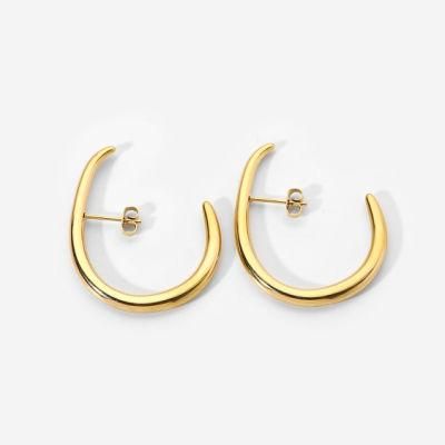 Ins Fashion All-Match Stainless Steel 14K Gold Personality C-Shaped Hook Auricle Stud Earrings for Women