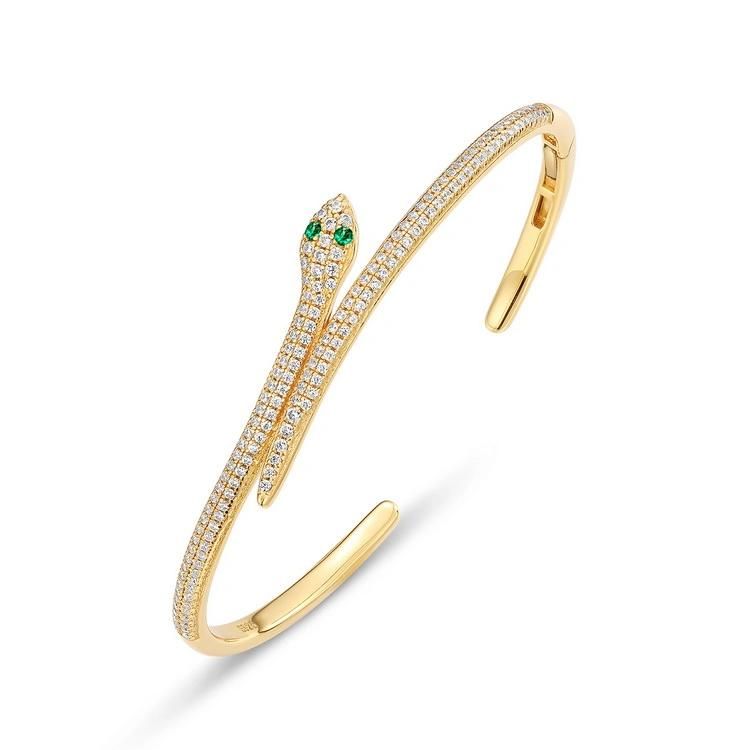 Fashion Sterling Silver Snake Bangle Gold Plated CZ Women Cuff Bangle