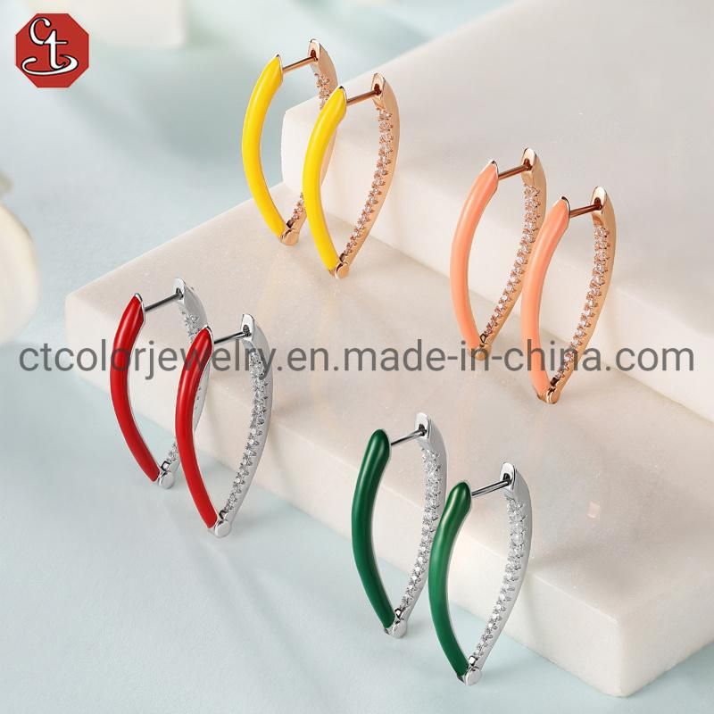 925 Sterling Silver Hoop CZ Earrings Enamel Color Dripping Oil Earring