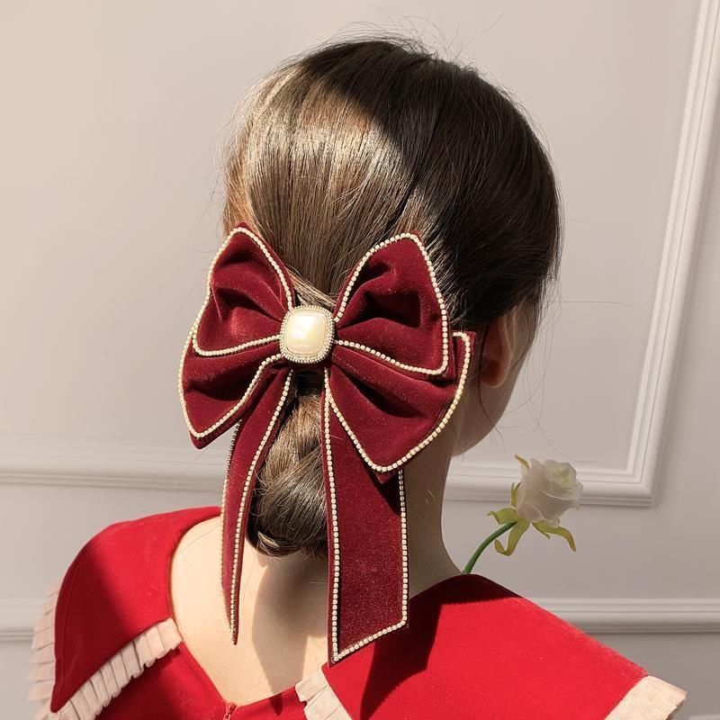 Fashion Hair Accessories Large Bow Velvet Clip Hair Accessories Pearl Side Double Bow Puff Hair Clip