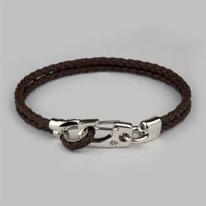 Leather Snap Sterling Silver &amp; Round Brown Woven Men Leather Bracelet