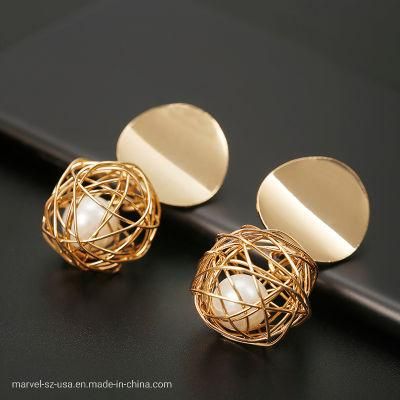 Women Golden Color Round Ball Geometric Earrings Fashion Jewelry Stud Earrings