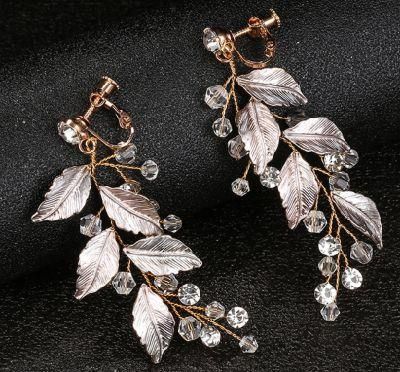 Wedding Bridal Crystal Leaf Shape Earring Jewelry. Silver Crystal Pearl Earring