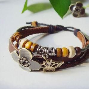 Handmade Wood Bead Leather Bracelet Set (HW16)