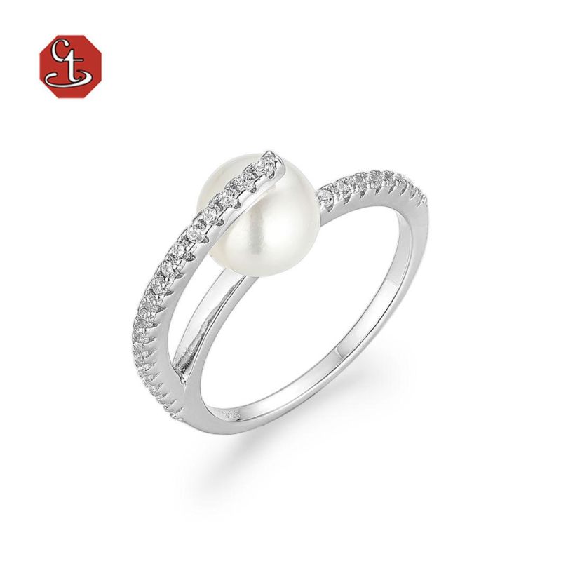 Fashion 925 Sterling Silver Micro Pave CZ Jewelry for Women Pearl Ring with Pearl Girl Jewelry