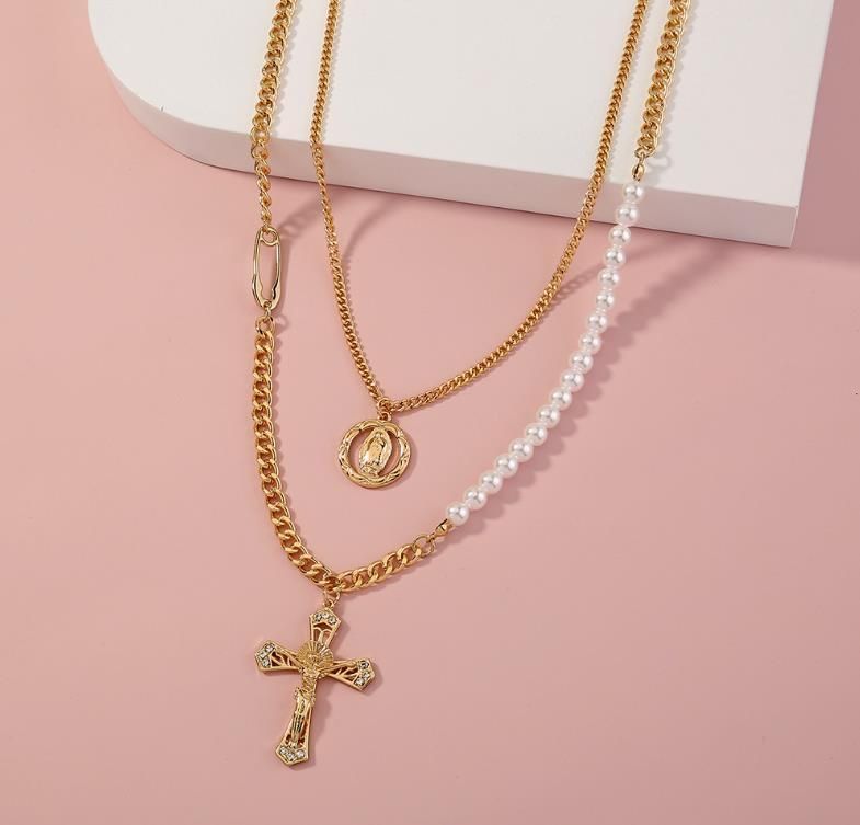 Personality Cross Portrait Pendant Double Cascade Wear Necklace Spliced Pearl Choker