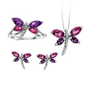 Women Gift Amethyst CZ Dragonfly Necklace Earrings Ring Jewelry Set