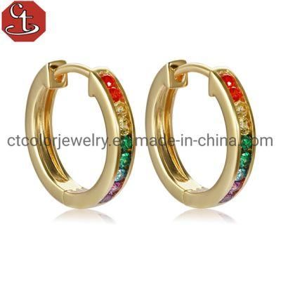 925 Sterling Silver 18k Gold Plated Rainbow Color Stone Jewelry Hoop Earrings