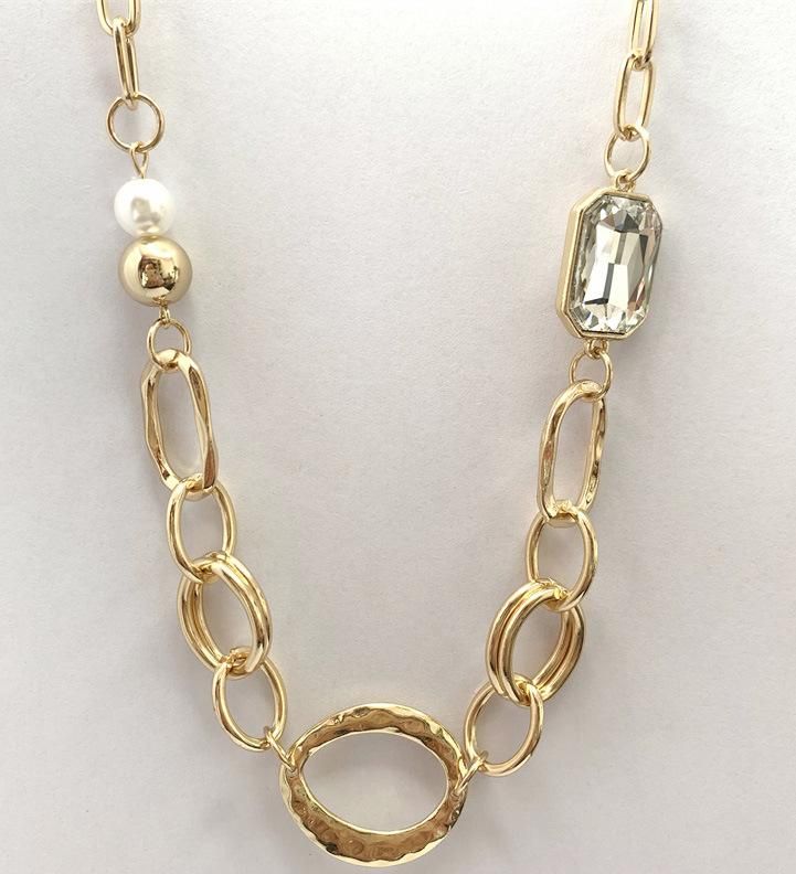 Big Oval Hammered Alloy Circles Statement Crystal Rectangle Stone Link Chain Necklaces with Pearls for Women