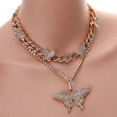 Big Butterfly Lock Pendant Multilayer Necklace Rhinestone Chain for Women