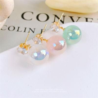 2022 Year New Trendy Blue Pink Green Colorful Fresh Water Oil Pearl Crystal Cubic Prong Earrings for Women Girls Lady Accessories Party Wedding