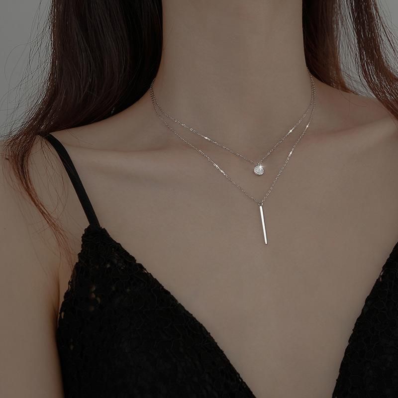 S925 Sterling Silver Double Necklace Women Clavicle Chain Shiny Diamond
