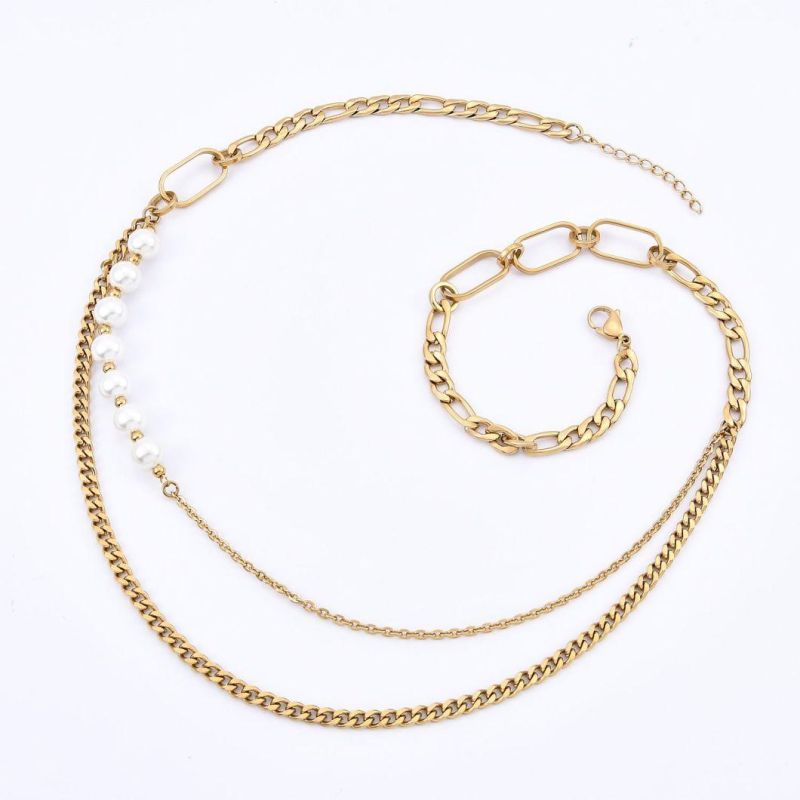 Trendy Double Layer Necklace with Freshpearl Link with Stainless Steel Nk Chain Jewelry for Women